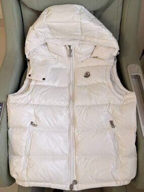 Moncler white hooded down vest, size S.